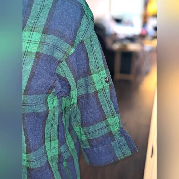 3/$30 Global Work L French Linen Blend Navy Blue and Green Plaid Tunic - Picture 3 of 11